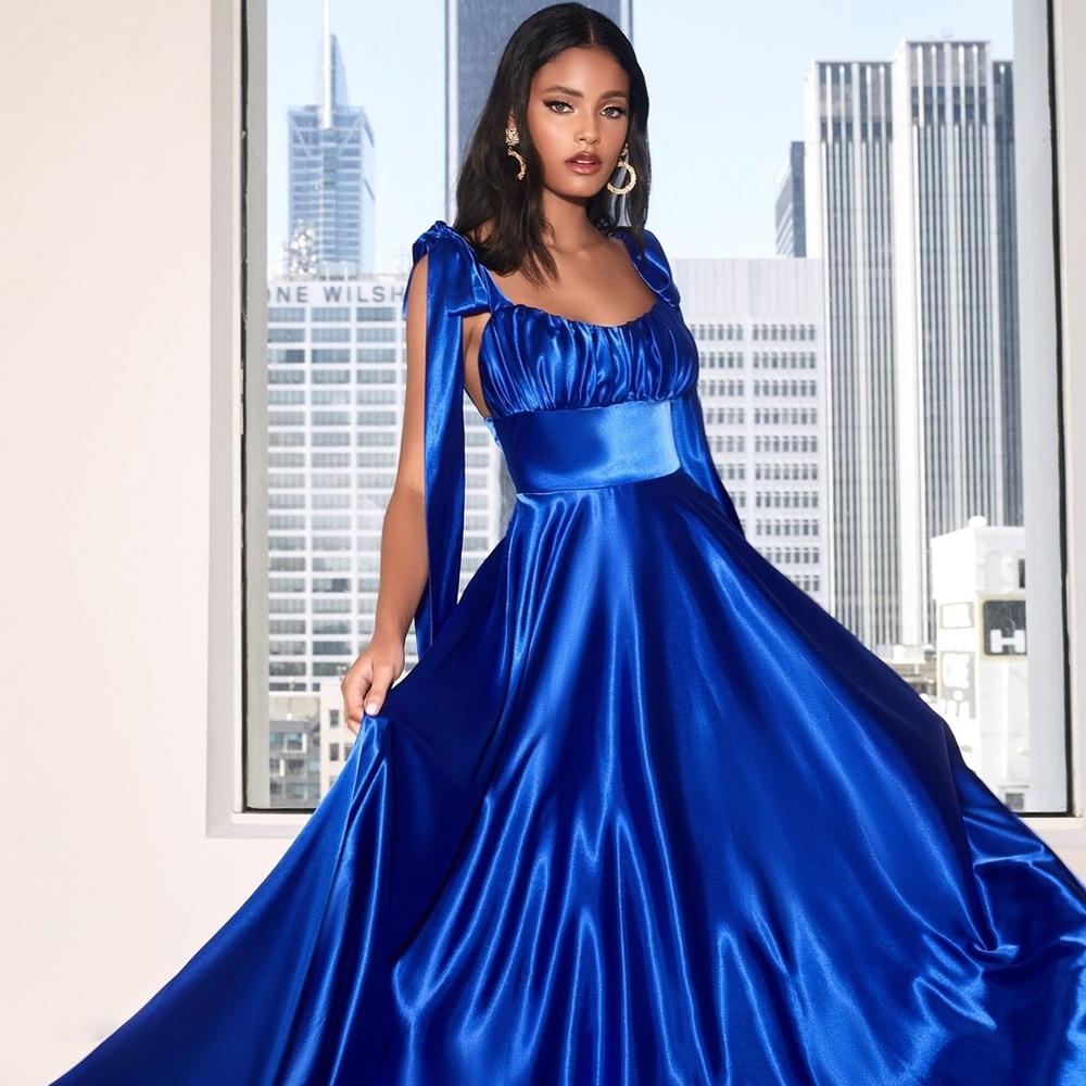 Elegant Blue Satin Evening Gown